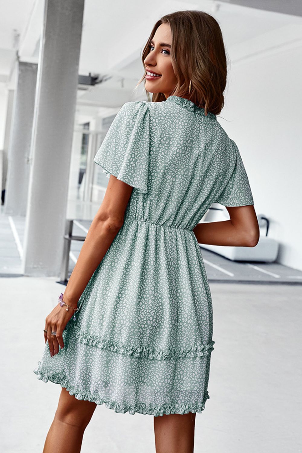 Printed Flutter Sleeve V-Neck Dress
