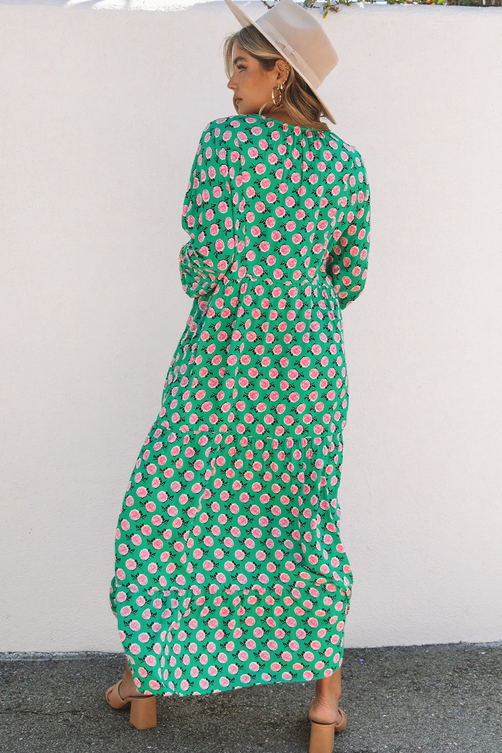 Floral Tie Neck Tiered Long Sleeve Maxi Dress