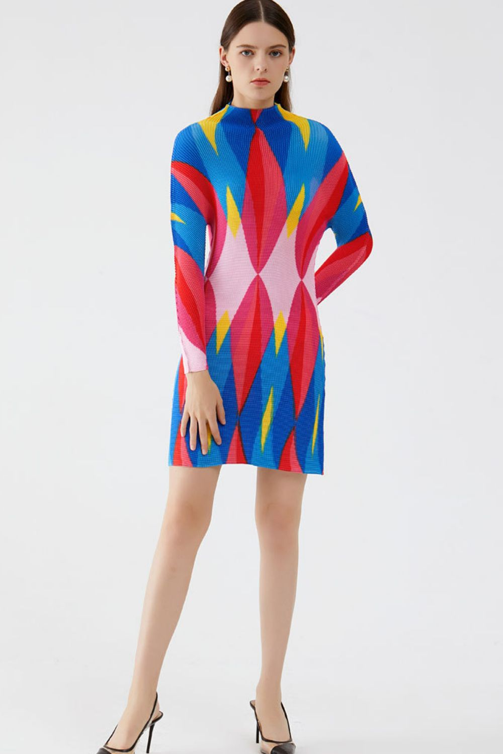 Geometrical Print Accordion Pleated Mock Neck Dress