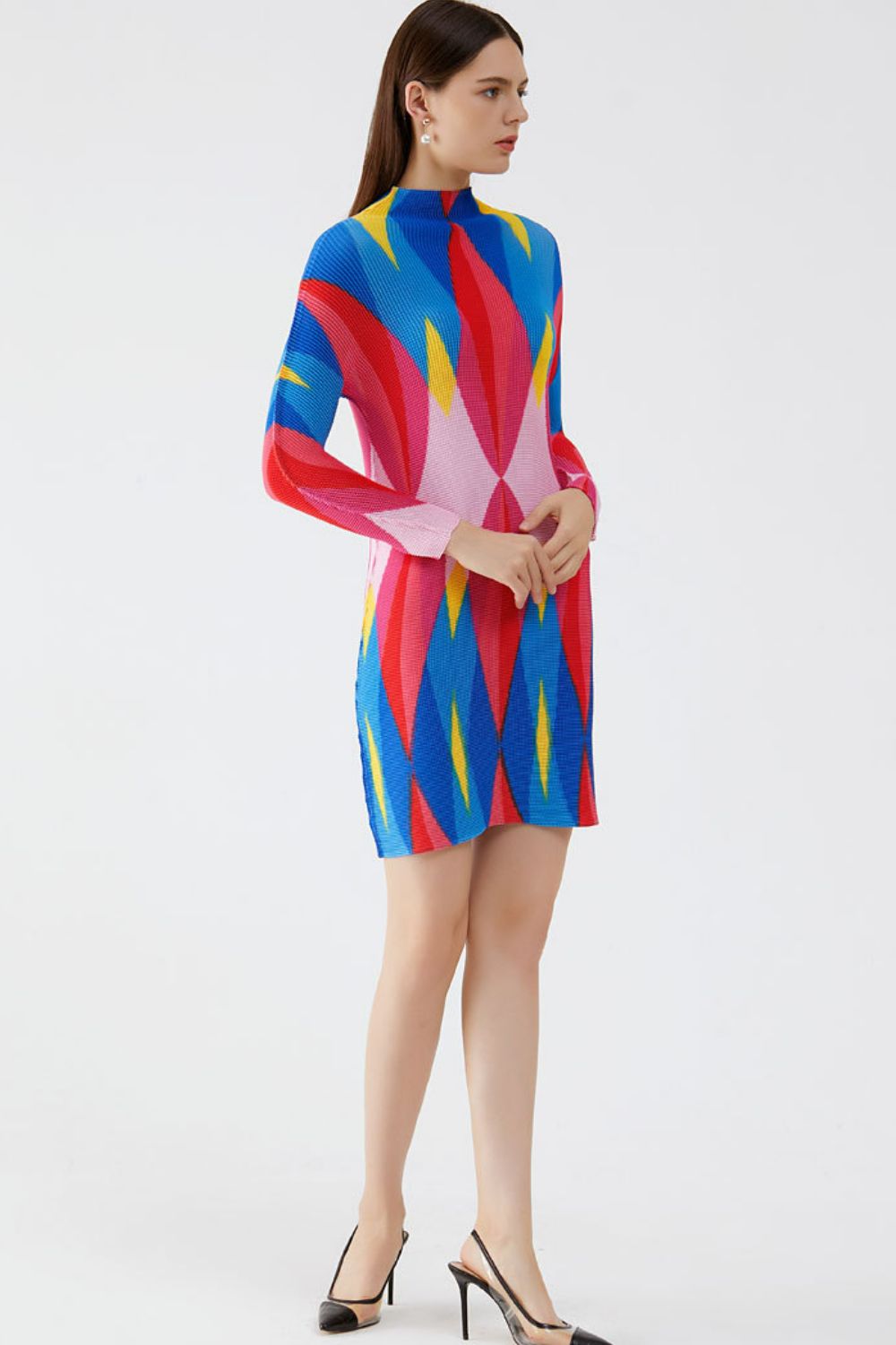 Geometrical Print Accordion Pleated Mock Neck Dress