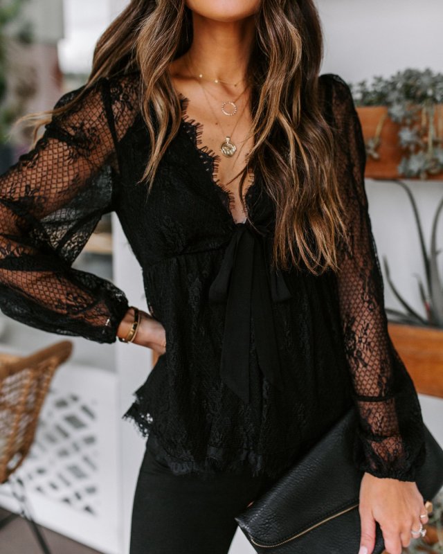 New Lace Embroidery Stitching Lace Bow Tie Long Sleeve Top