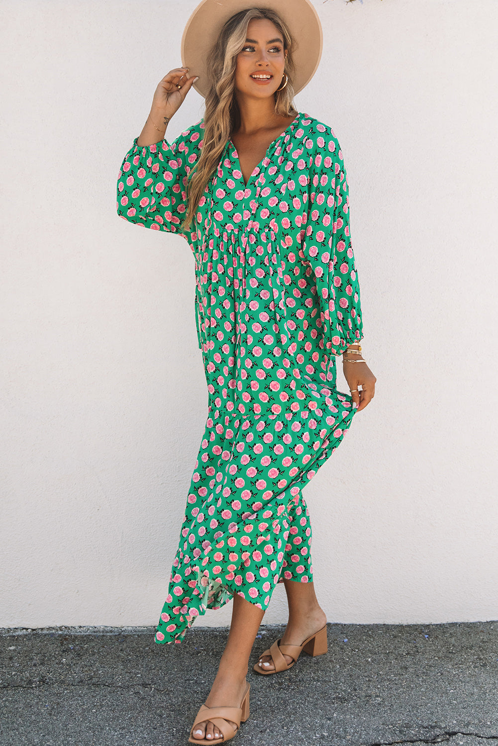 Floral Tie Neck Tiered Long Sleeve Maxi Dress