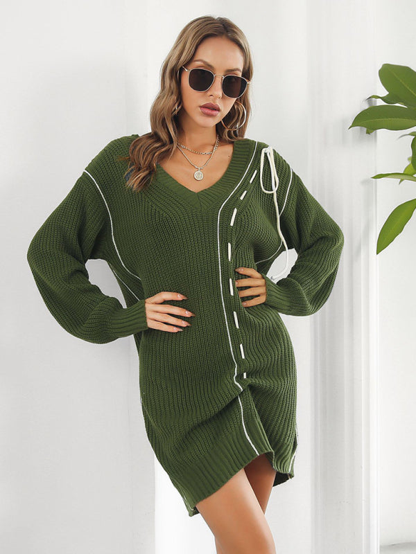 Women's Dropped Sleeves Drawstring V-Neck Sweater Dress