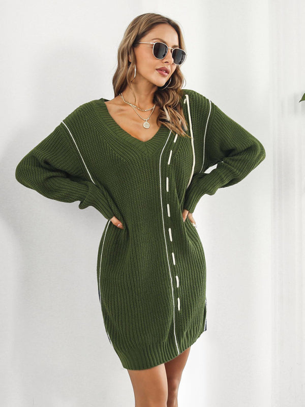 Women's Dropped Sleeves Drawstring V-Neck Sweater Dress