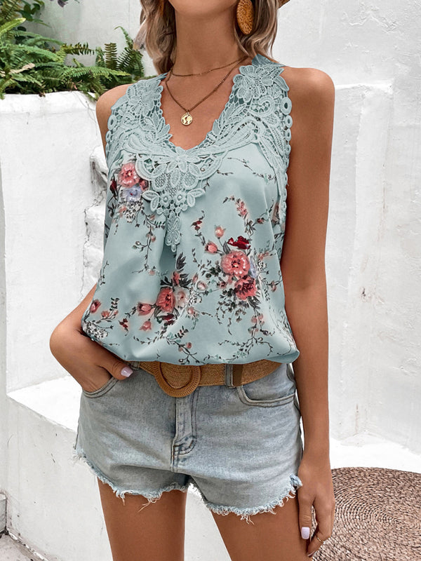 Printed V-neck heavy lace sleeveless T-shirt top
