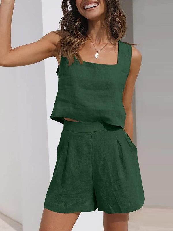 Women's Solid Color Casual Cotton Linen Sleeveless Square Neck Top + Shorts Two-Piece Set