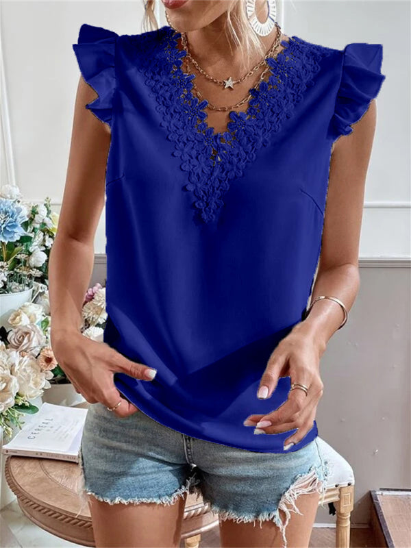 Women's woven solid color V-neck lace stitching sleeveless top