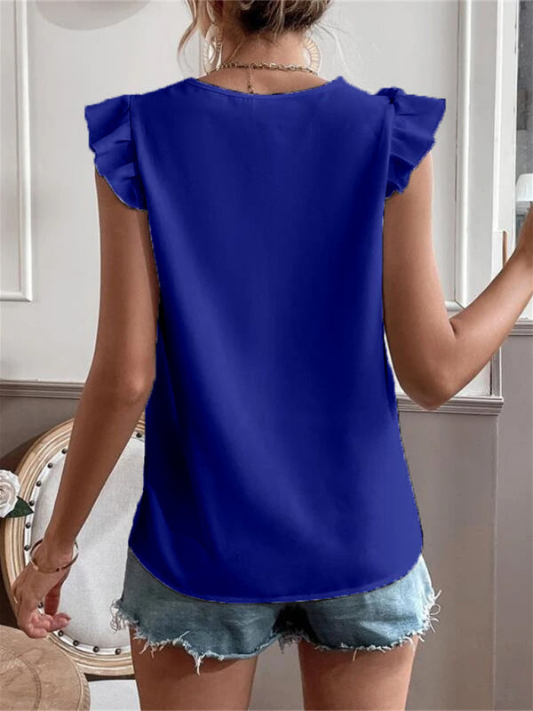 Women's woven solid color V-neck lace stitching sleeveless top