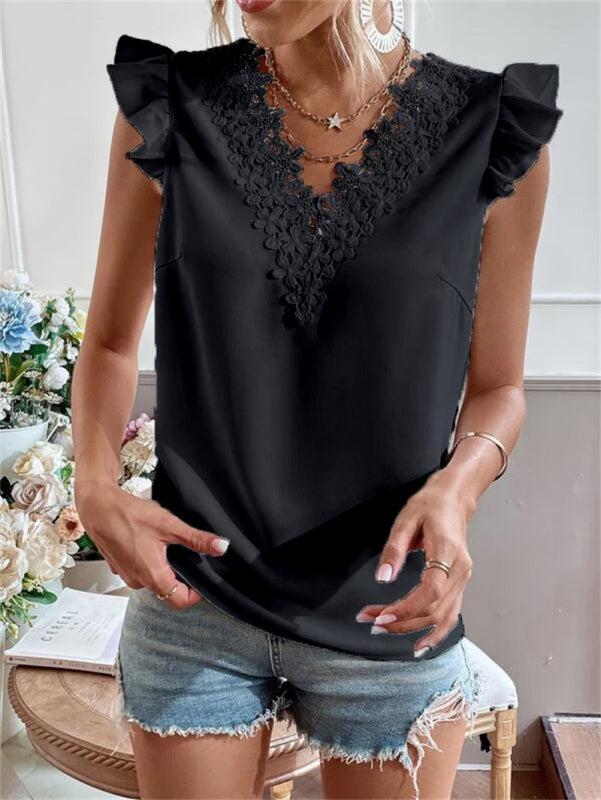 Women's woven solid color V-neck lace stitching sleeveless top