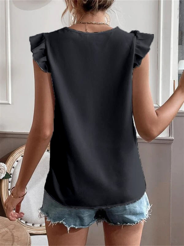 Women's woven solid color V-neck lace stitching sleeveless top