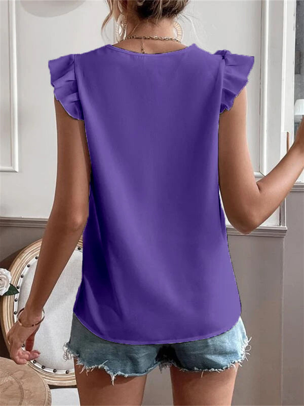 Women's woven solid color V-neck lace stitching sleeveless top