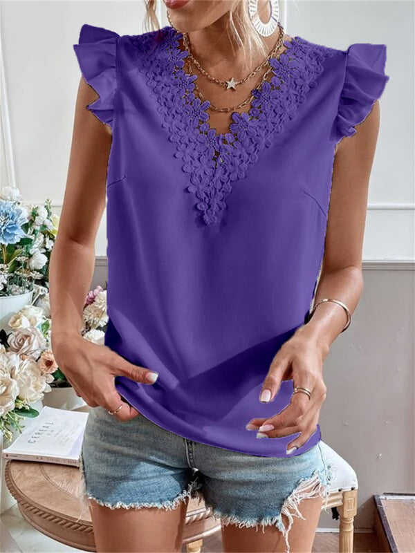 Women's woven solid color V-neck lace stitching sleeveless top