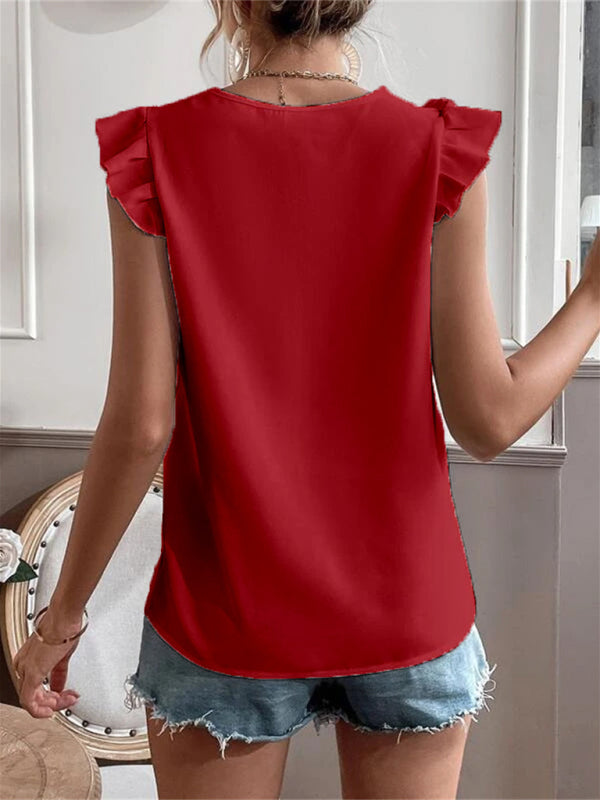 Women's woven solid color V-neck lace stitching sleeveless top