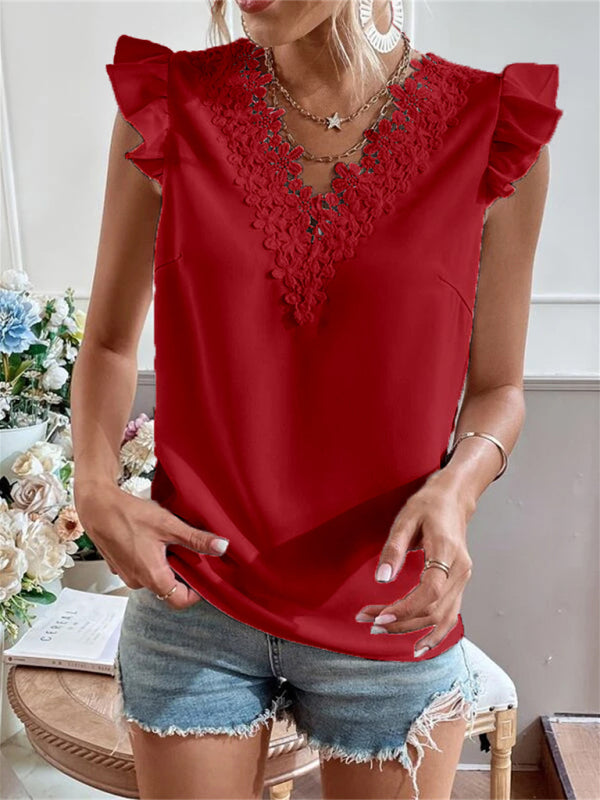 Women's woven solid color V-neck lace stitching sleeveless top