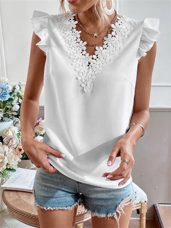 Women's woven solid color V-neck lace stitching sleeveless top
