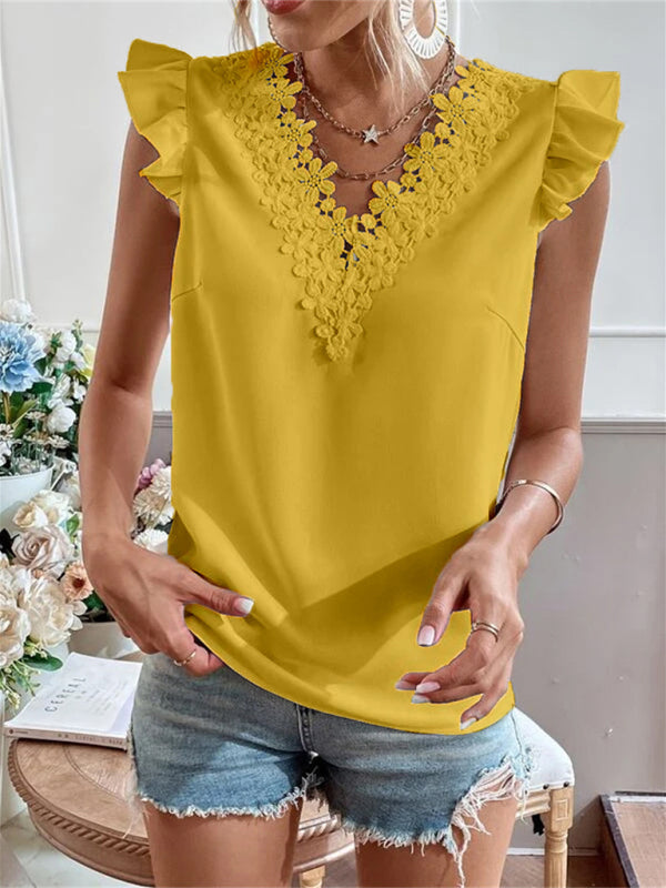 Women's woven solid color V-neck lace stitching sleeveless top