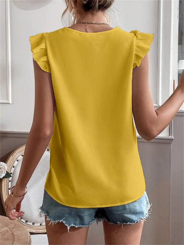 Women's woven solid color V-neck lace stitching sleeveless top
