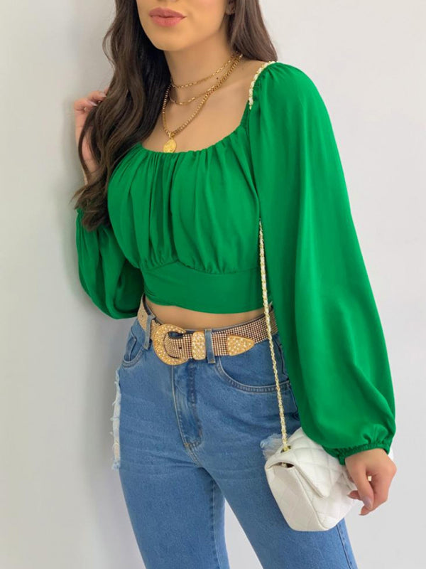 Women's Solid Color One Shoulder Balloon Sleeve Top