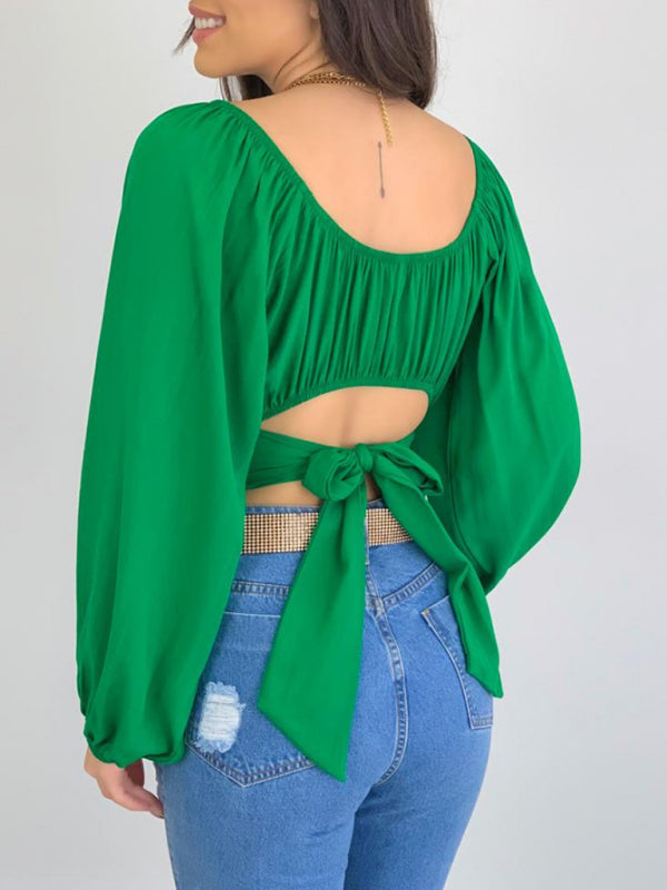 Women's Solid Color One Shoulder Balloon Sleeve Top
