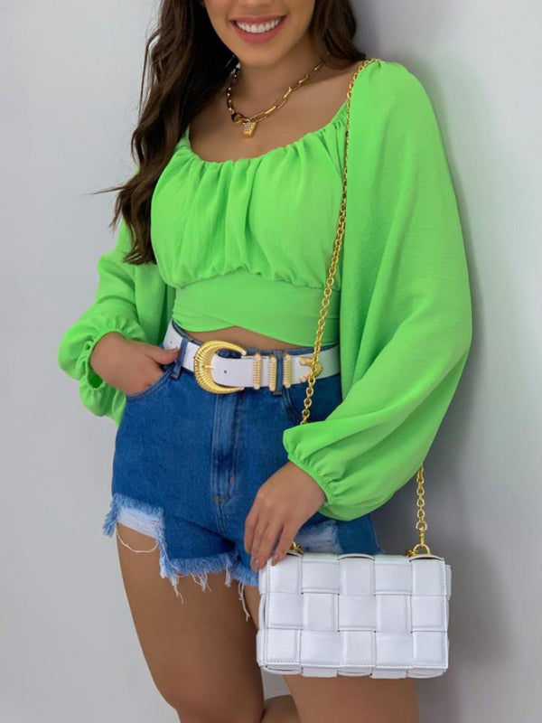 Women's Solid Color One Shoulder Balloon Sleeve Top