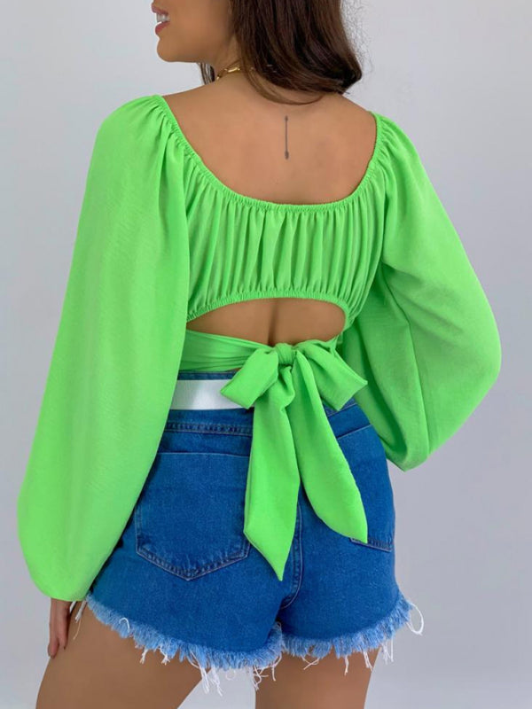 Women's Solid Color One Shoulder Balloon Sleeve Top