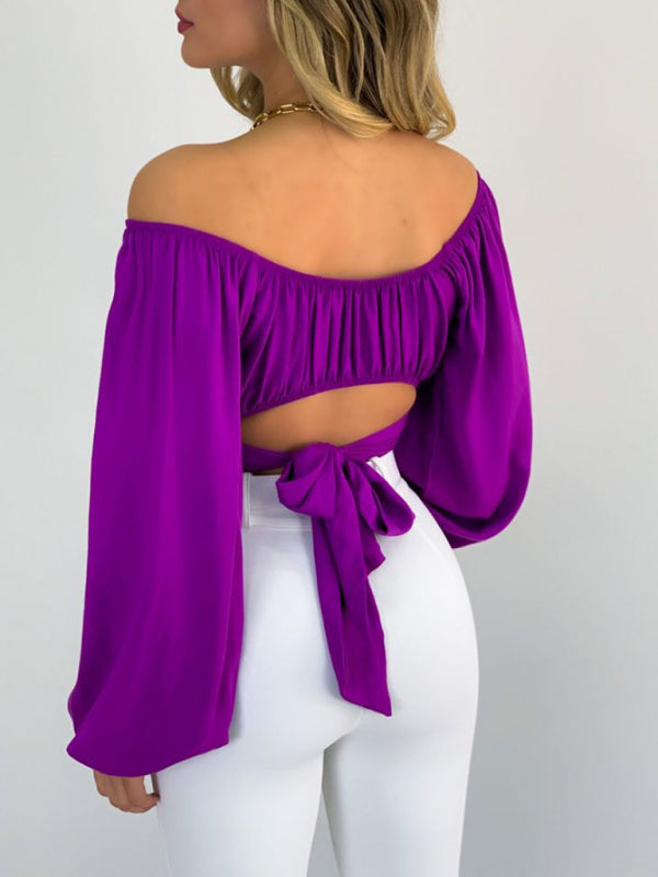 Women's Solid Color One Shoulder Balloon Sleeve Top
