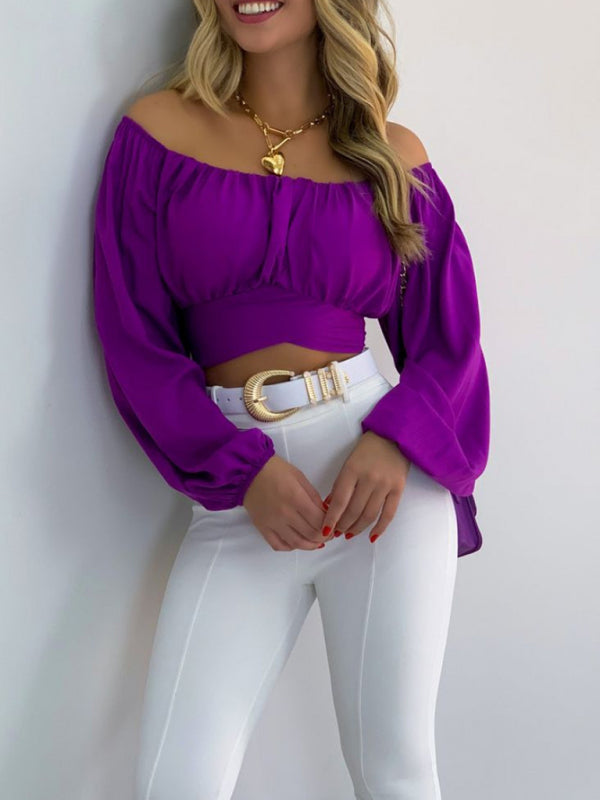 Women's Solid Color One Shoulder Balloon Sleeve Top