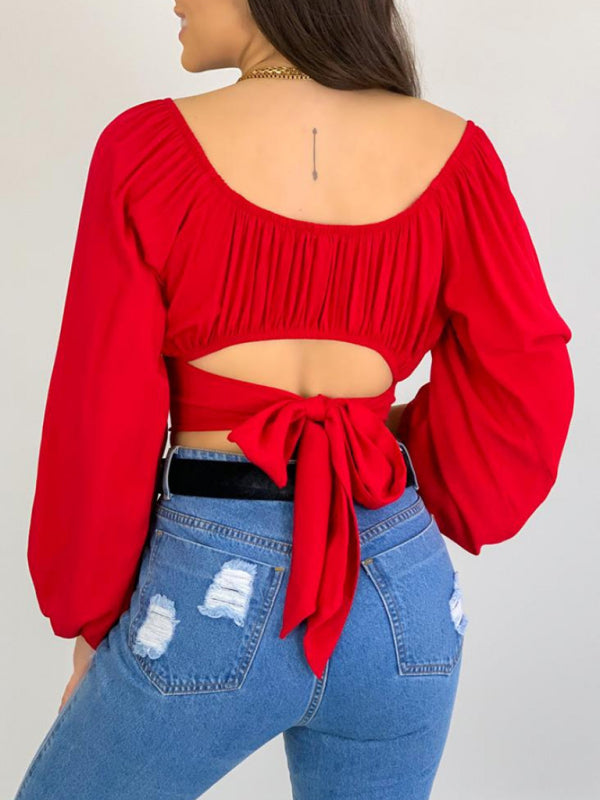 Women's Solid Color One Shoulder Balloon Sleeve Top