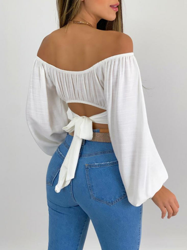 Women's Solid Color One Shoulder Balloon Sleeve Top