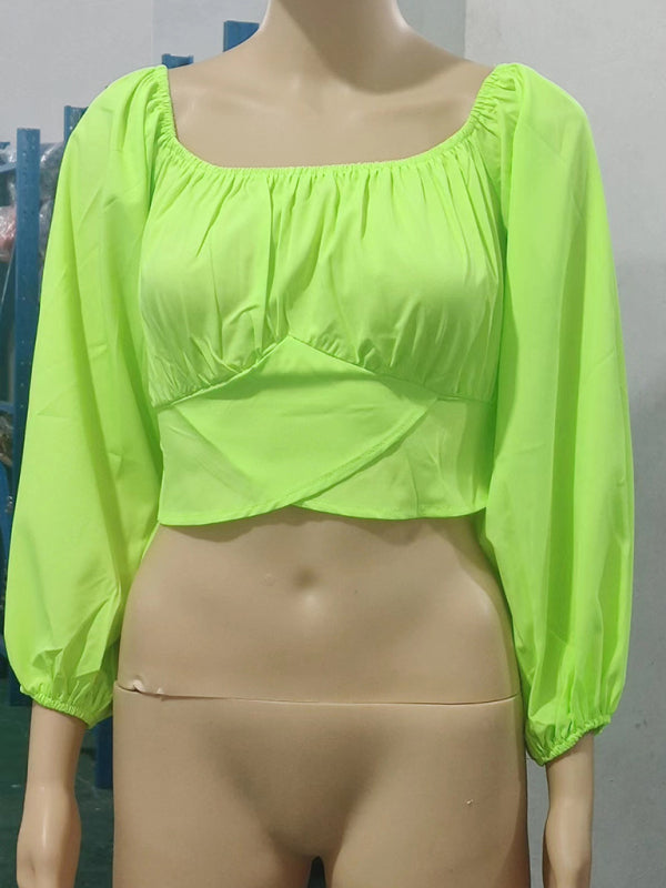 Women's Solid Color One Shoulder Balloon Sleeve Top