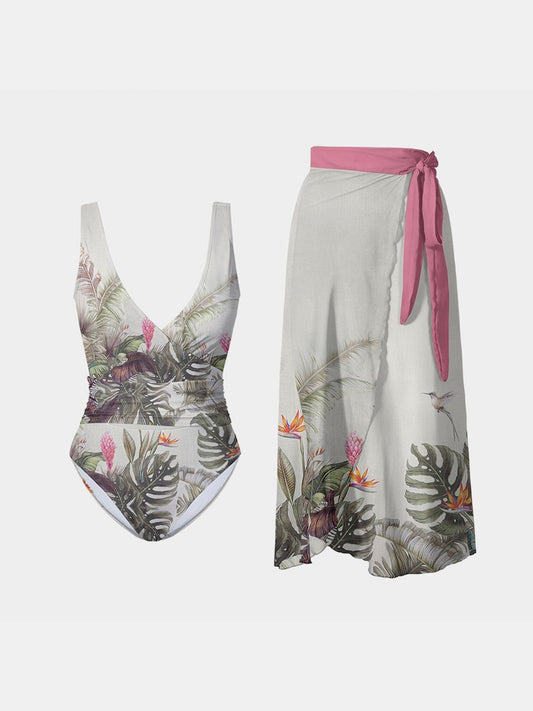 Printed Surplice Wide Strap Swimwear and Skirt Swim Set