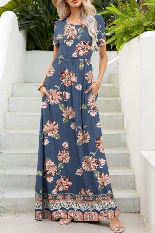 Printed Round Neck Short Sleeve Maxi Dress