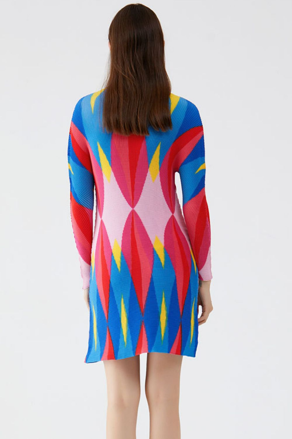 Geometrical Print Accordion Pleated Mock Neck Dress