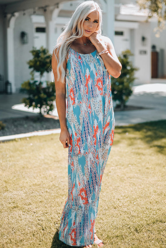 Printed Spaghetti Strap Ruffle Hem Maxi Dress