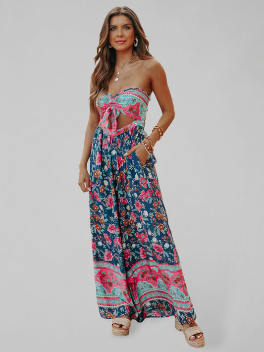 Women's Bohemian Print Cutout Tube Strapless Bow Tie Jumpsuit