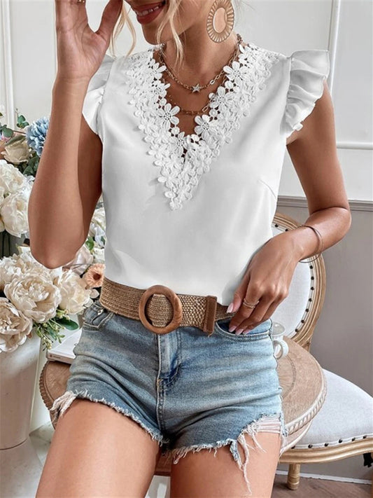 Women's woven solid color V-neck lace stitching sleeveless top